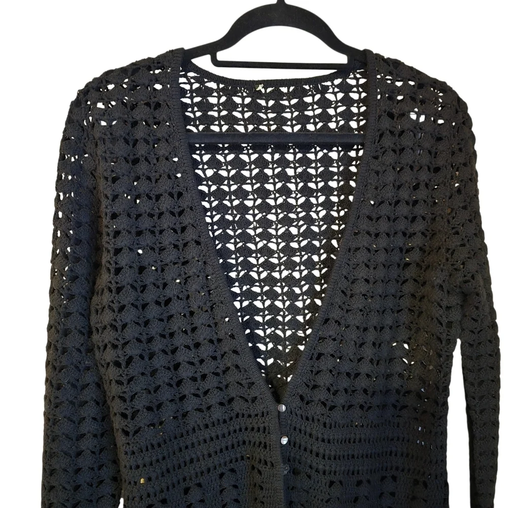 Black Crochet Lace Cardigan Open Knit Boho Whimsigoth V-Neck Button Front